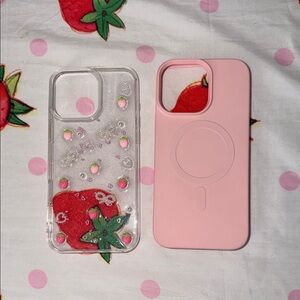 iPhone 16 pro max pink and strawberry bows phone case set